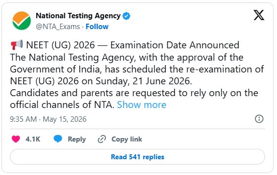 NEET UG 2026 Rescheduled for June 21 After Paper Leak Forces Cancellation of Exam